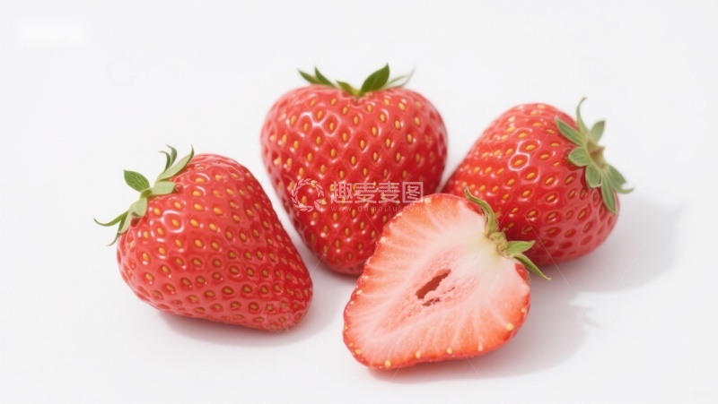 高清大图下载【趣麦麦图】新鲜草莓特写，一颗切半展示内部
