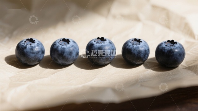 五颗蓝莓整齐排列在纸张上