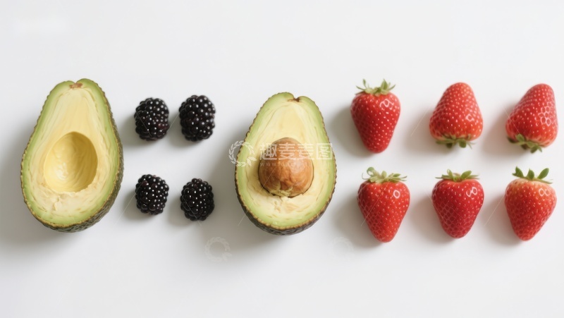 高清大图下载【趣麦麦图】新鲜水果排列：牛油果、黑莓与草莓