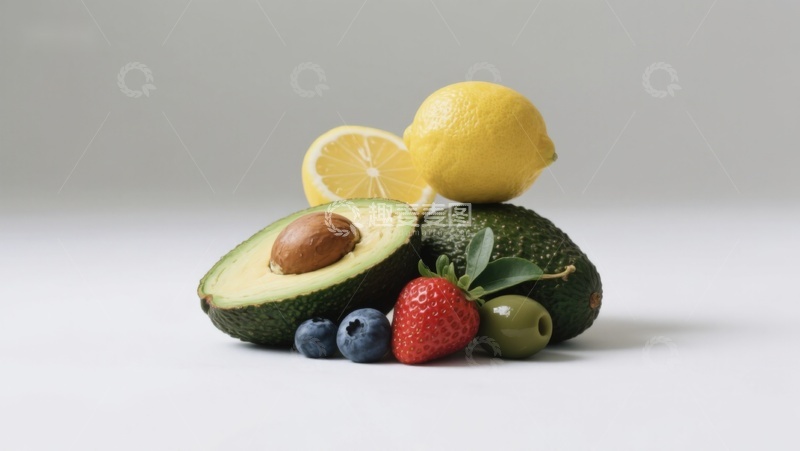 高清大图下载【趣麦麦图】新鲜水果组合：牛油果、柠檬与浆果
