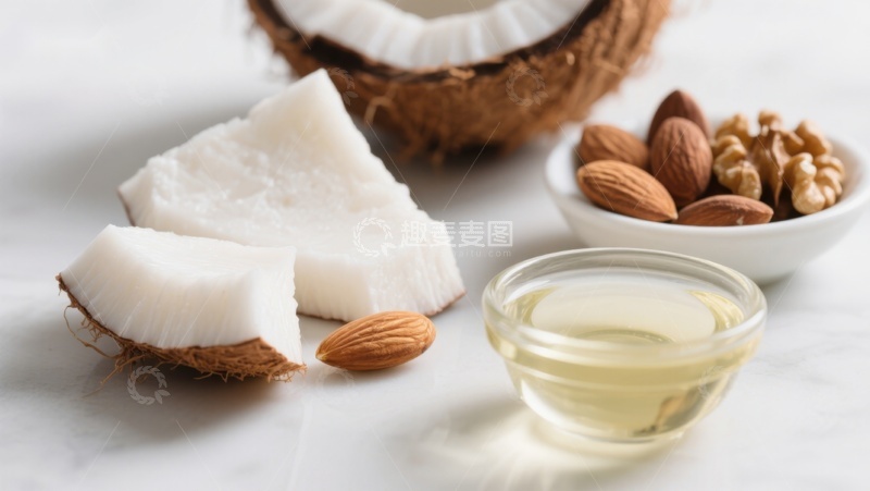 高清大图下载【趣麦麦图】椰子块、坚果与椰子油的健康组合