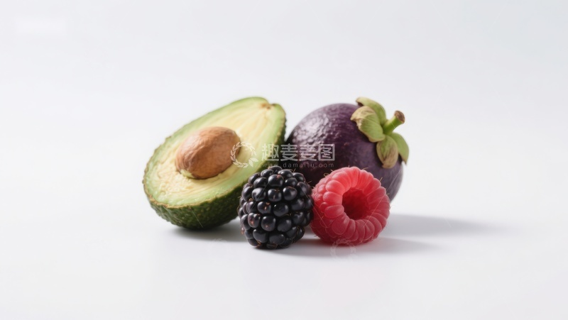 高清大图下载【趣麦麦图】新鲜水果组合：牛油果、山竹、黑莓与覆盆子