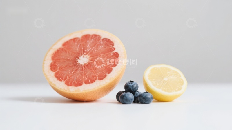 高清大图下载【趣麦麦图】新鲜水果组合：葡萄柚、柠檬与蓝莓