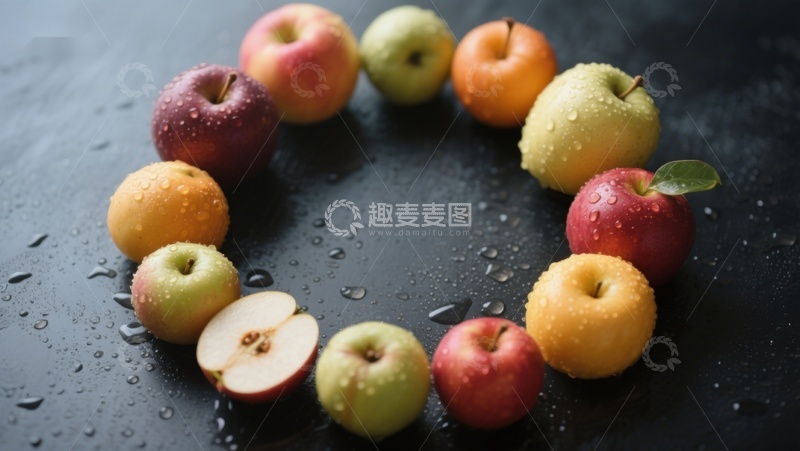 高清大图下载【趣麦麦图】多彩苹果围成圆圈，水珠点缀