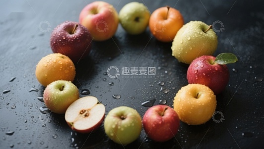 多彩苹果围成圆圈，水珠点缀