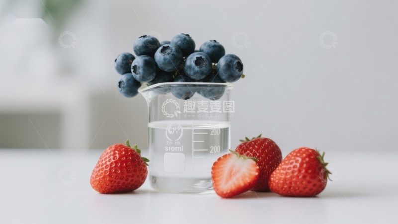 高清大图下载【趣麦麦图】蓝莓草莓与量杯的静物组合