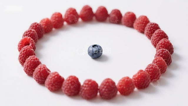 一圈覆盆子环绕一颗蓝莓