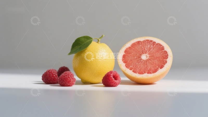 高清大图下载【趣麦麦图】柠檬、葡萄柚与覆盆子的静物组合