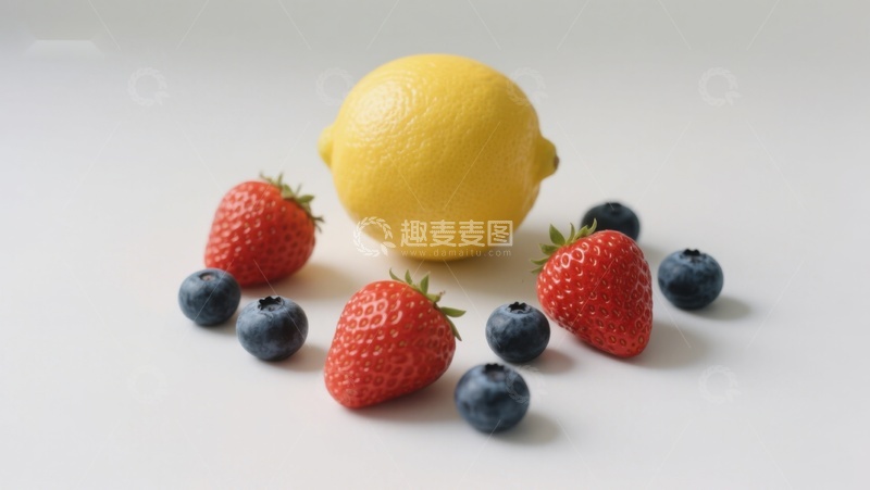 高清大图下载【趣麦麦图】新鲜水果组合：柠檬、草莓与蓝莓