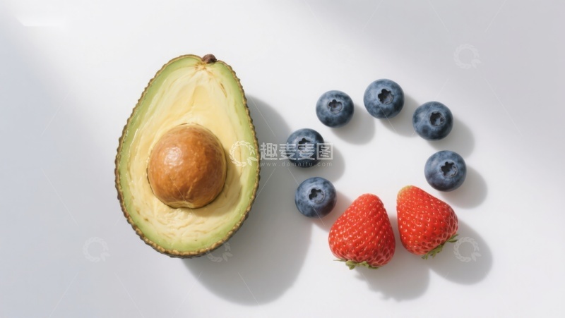 高清大图下载【趣麦麦图】新鲜水果组合：牛油果、蓝莓与草莓