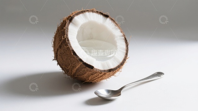 椰子半壳与银勺静物图