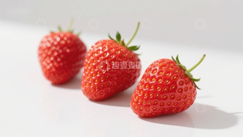 高清大图下载【趣麦麦图】三颗新鲜草莓的特写