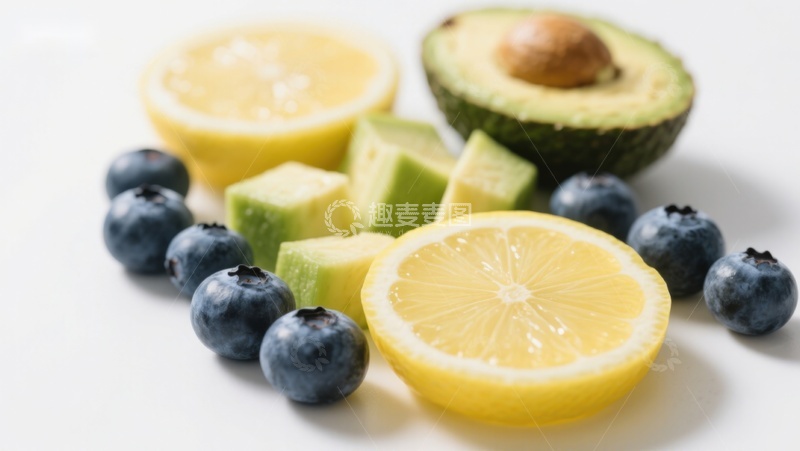 高清大图下载【趣麦麦图】新鲜水果组合：柠檬、蓝莓与牛油果