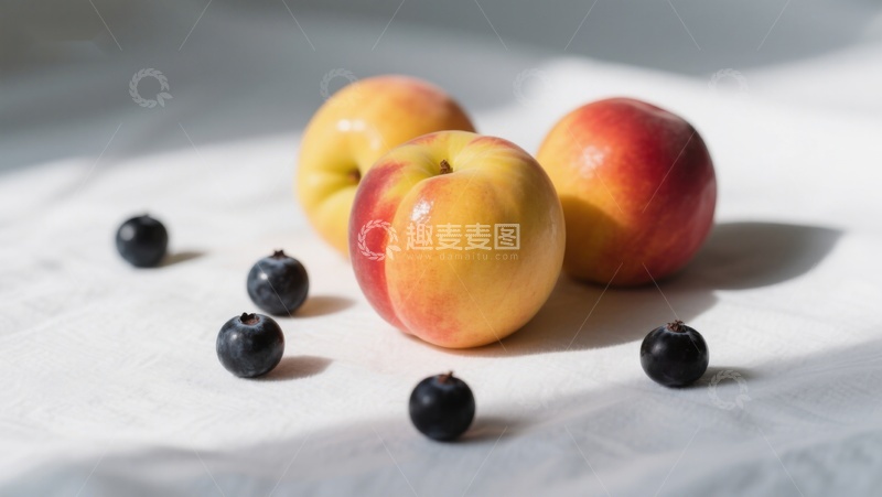 高清大图下载【趣麦麦图】新鲜桃子与蓝莓的静物组合