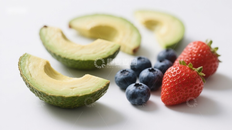 高清大图下载【趣麦麦图】新鲜水果组合：牛油果、蓝莓与草莓