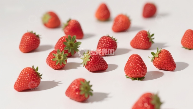 高清大图下载【趣麦麦图】新鲜草莓散落白色背景