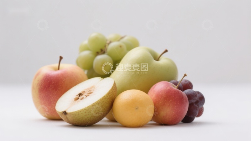 高清大图下载【趣麦麦图】新鲜水果组合：苹果、梨与葡萄