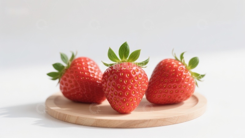 高清大图下载【趣麦麦图】三颗新鲜草莓置于木质托盘上