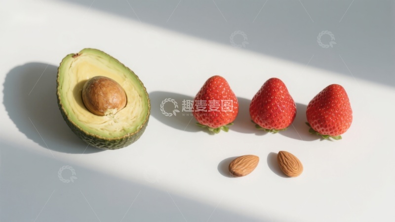 高清大图下载【趣麦麦图】半个牛油果与三颗草莓及两颗杏仁的静物图