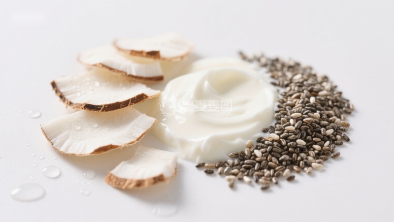 高清大图下载【趣麦麦图】椰子片、酸奶与奇亚籽的健康组合