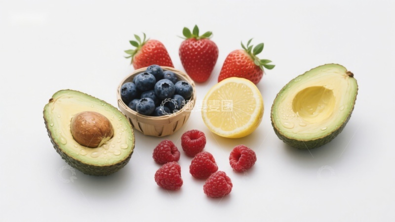高清大图下载【趣麦麦图】新鲜水果组合：牛油果、草莓、蓝莓和柠檬