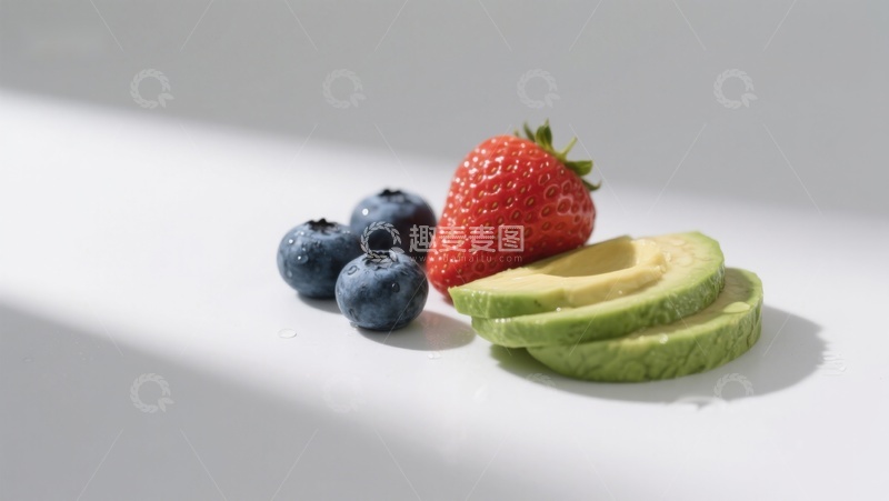 高清大图下载【趣麦麦图】新鲜水果组合：蓝莓、草莓与牛油果