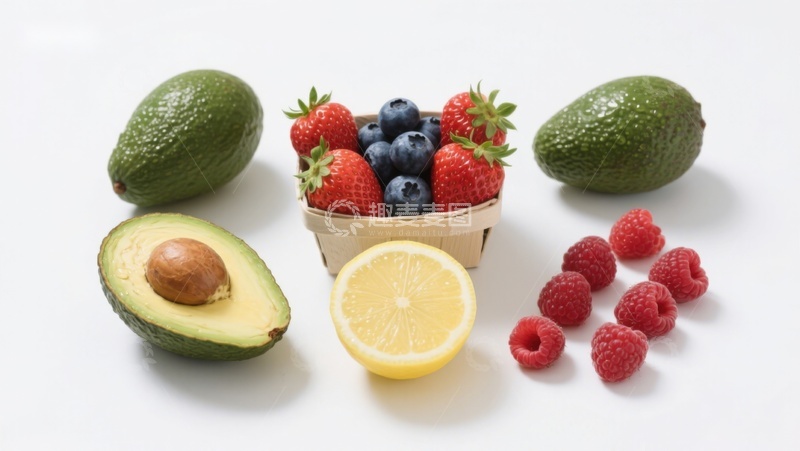 高清大图下载【趣麦麦图】新鲜水果组合：牛油果、浆果和柠檬