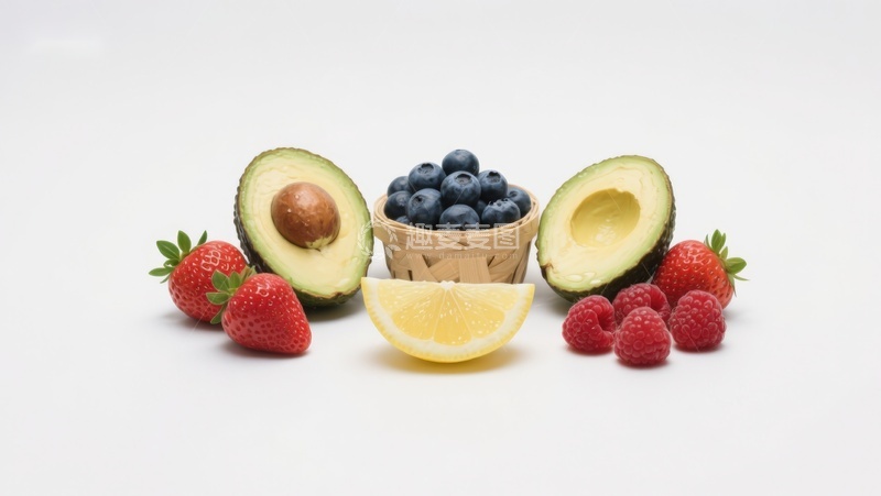 高清大图下载【趣麦麦图】新鲜水果组合：牛油果、蓝莓、草莓与柠檬