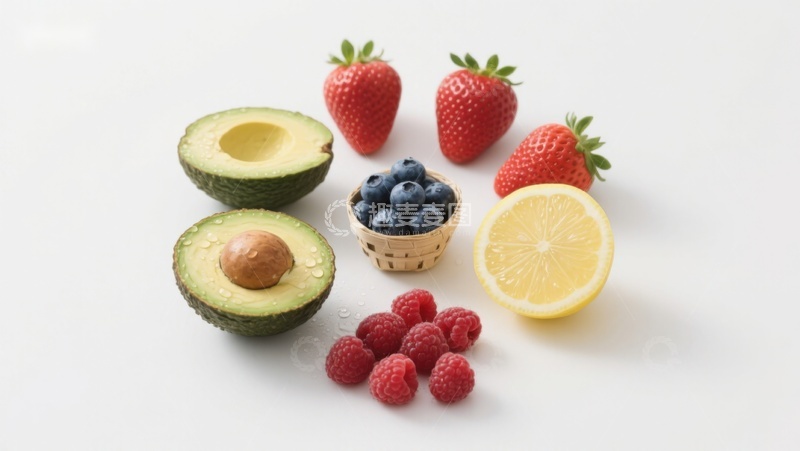 高清大图下载【趣麦麦图】新鲜水果组合：草莓、蓝莓、柠檬与牛油果