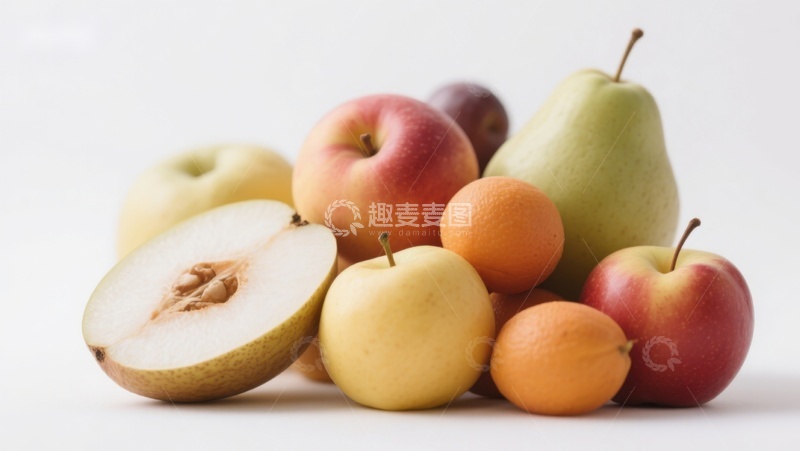 高清大图下载【趣麦麦图】新鲜水果组合：梨、苹果与橙子