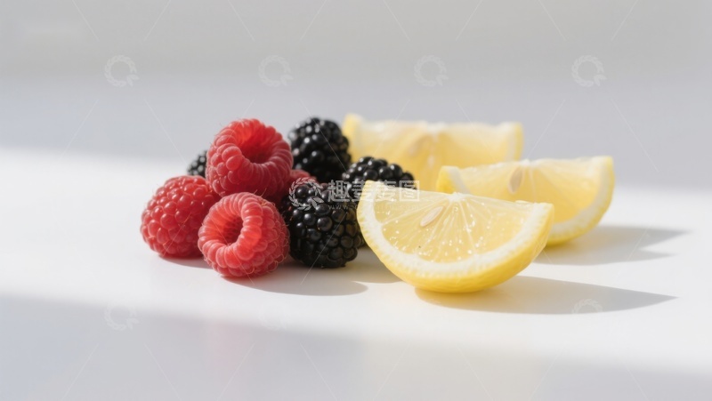 高清大图下载【趣麦麦图】新鲜水果组合：覆盆子、黑莓与柠檬片