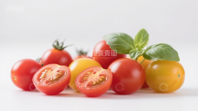 高清大图下载【趣麦麦图】新鲜樱桃番茄与罗勒叶
