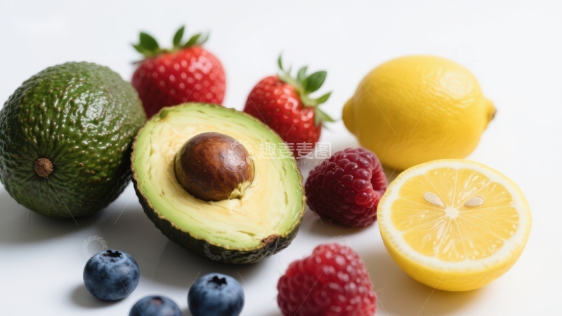 高清大图下载【趣麦麦图】新鲜水果组合：牛油果、草莓、蓝莓和柠檬