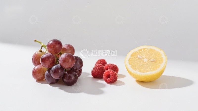 高清大图下载【趣麦麦图】葡萄、覆盆子与柠檬的静物组合