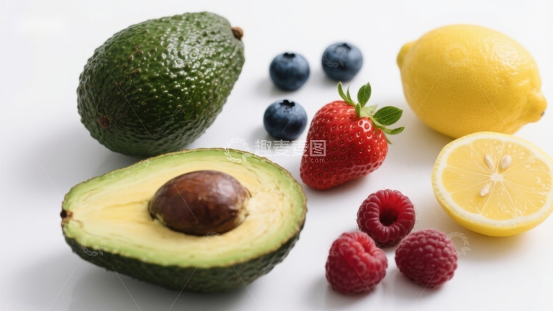 高清大图下载【趣麦麦图】新鲜水果组合：牛油果、柠檬与浆果