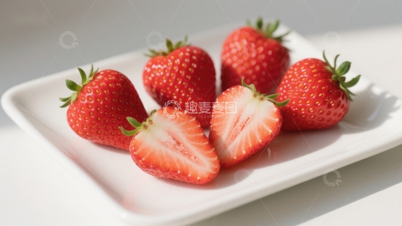 高清大图下载【趣麦麦图】新鲜草莓摆放于白色盘中