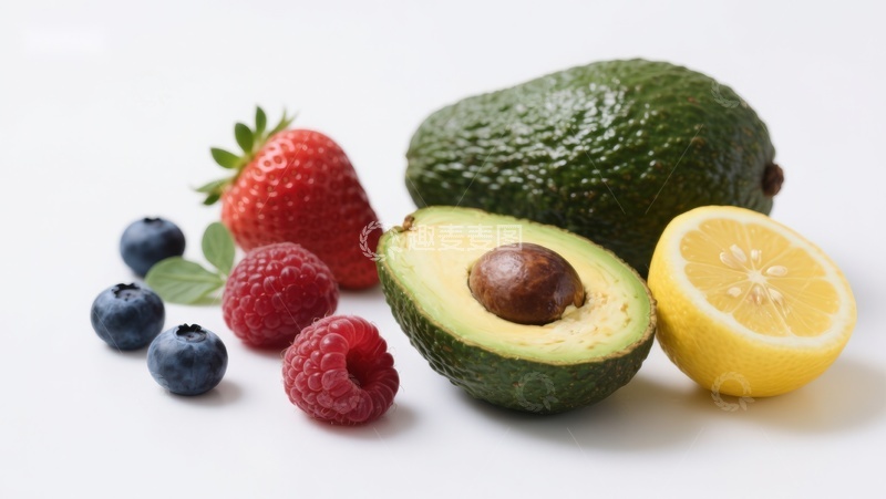 高清大图下载【趣麦麦图】新鲜水果组合：牛油果、柠檬与浆果