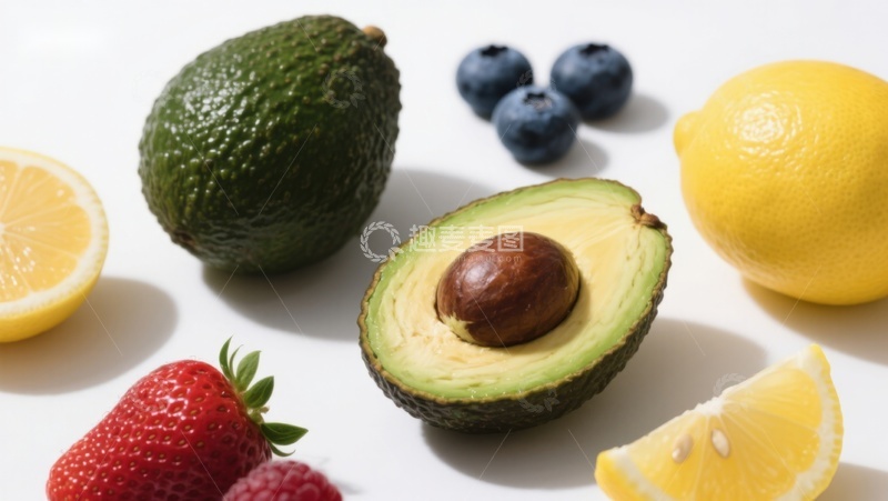 高清大图下载【趣麦麦图】新鲜水果组合：牛油果、蓝莓、柠檬与草莓