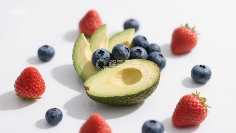 高清大图下载【趣麦麦图】新鲜水果组合：牛油果、草莓与蓝莓