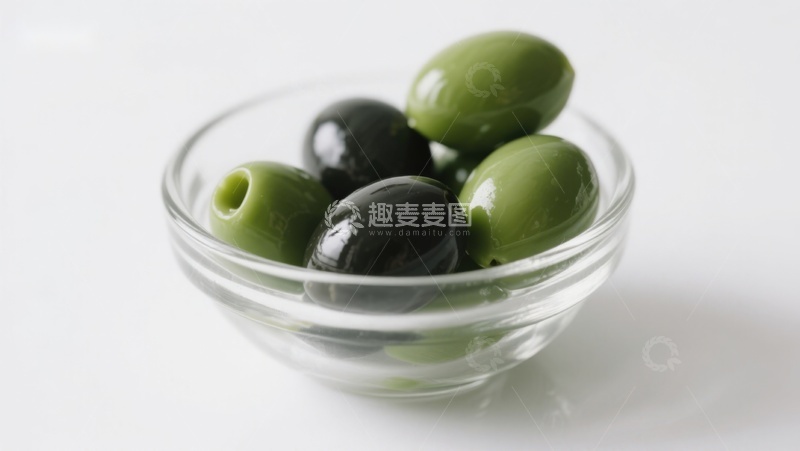 高清大图下载【趣麦麦图】玻璃碗中的绿黑橄榄