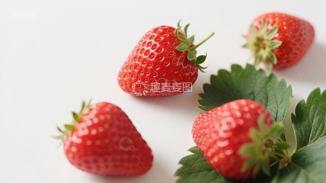 新鲜草莓与绿叶的特写