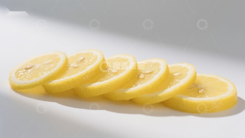 高清大图下载【趣麦麦图】新鲜柠檬片排列在白色背景上