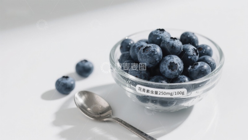 高清大图下载【趣麦麦图】蓝莓碗特写，标注花青素含量