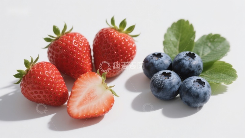 高清大图下载【趣麦麦图】新鲜草莓与蓝莓的静物展示