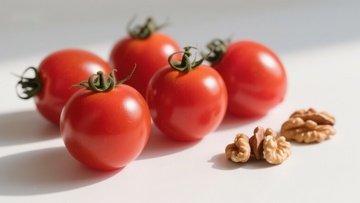 新鲜番茄与核桃的静物组合
