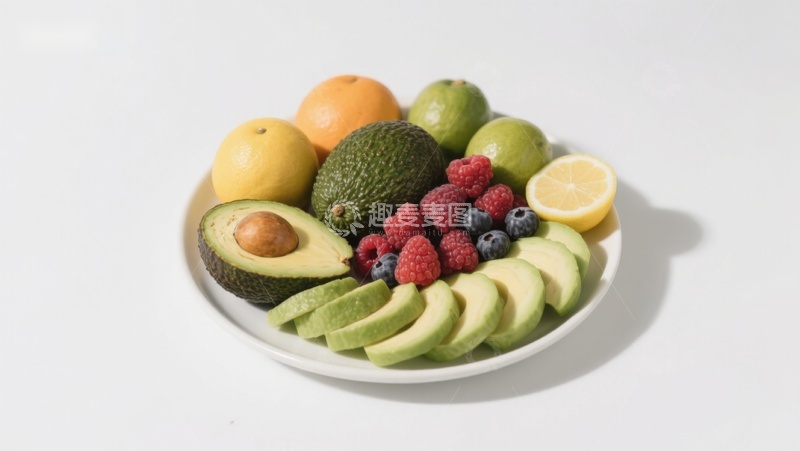 高清大图下载【趣麦麦图】新鲜水果拼盘，包含牛油果、浆果和柑橘