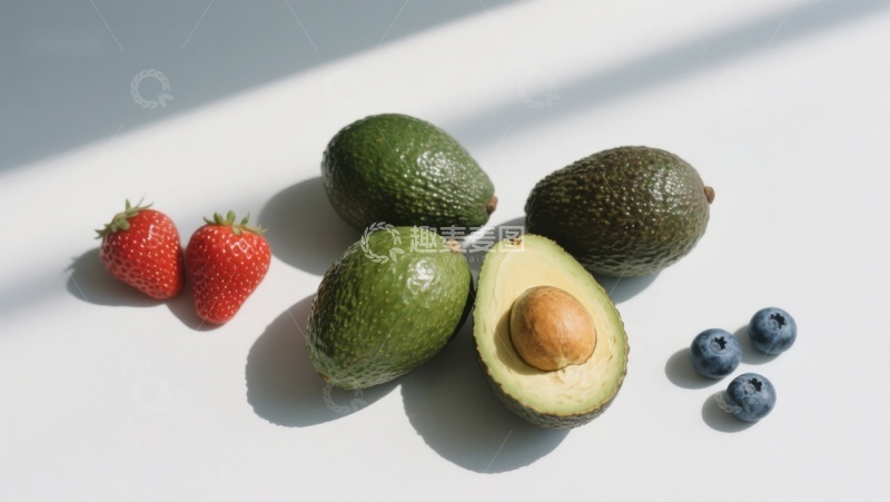 高清大图下载【趣麦麦图】新鲜水果组合：牛油果、草莓与蓝莓
