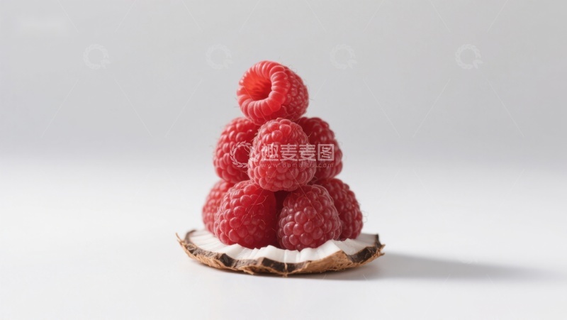 高清大图下载【趣麦麦图】新鲜覆盆子堆叠在椰壳上的特写