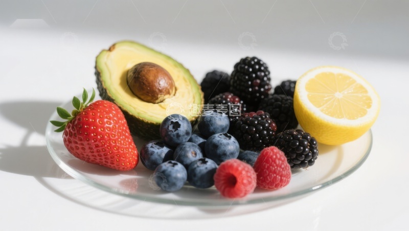 高清大图下载【趣麦麦图】新鲜水果拼盘：草莓、蓝莓、黑莓、柠檬与牛油果