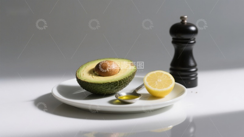 高清大图下载【趣麦麦图】切开的牛油果与柠檬和胡椒瓶